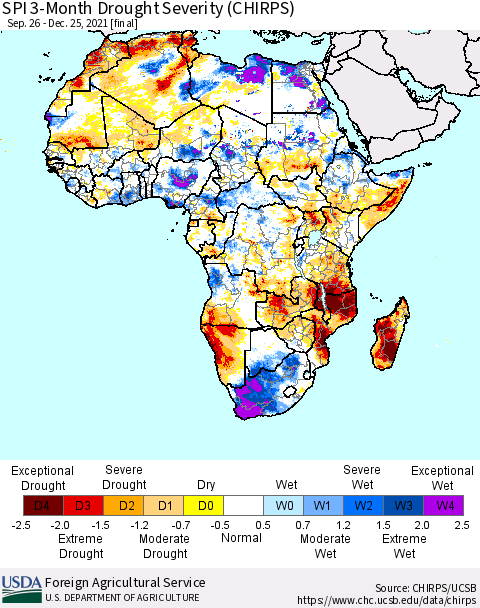 Africa SPI 3-Month Drought Severity (CHIRPS) Thematic Map For 9/26/2021 - 12/25/2021