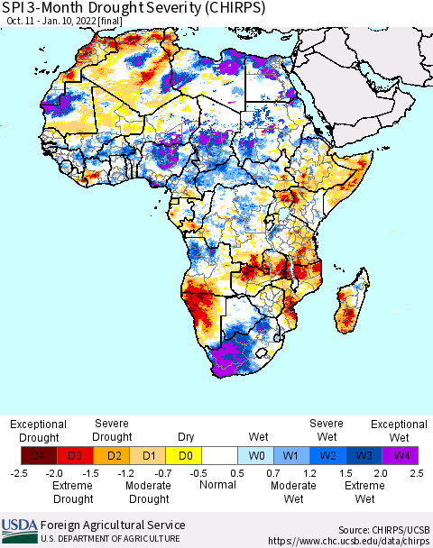 Africa SPI 3-Month Drought Severity (CHIRPS) Thematic Map For 10/11/2021 - 1/10/2022