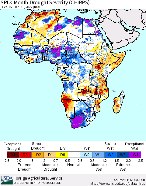 Africa SPI 3-Month Drought Severity (CHIRPS) Thematic Map For 10/16/2021 - 1/15/2022