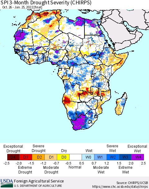 Africa SPI 3-Month Drought Severity (CHIRPS) Thematic Map For 10/26/2021 - 1/25/2022