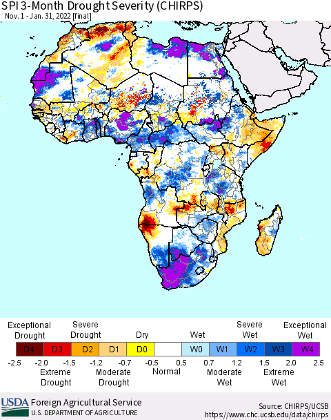 Africa SPI 3-Month Drought Severity (CHIRPS) Thematic Map For 11/1/2021 - 1/31/2022