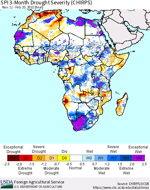 Africa SPI 3-Month Drought Severity (CHIRPS) Thematic Map For 11/11/2021 - 2/10/2022