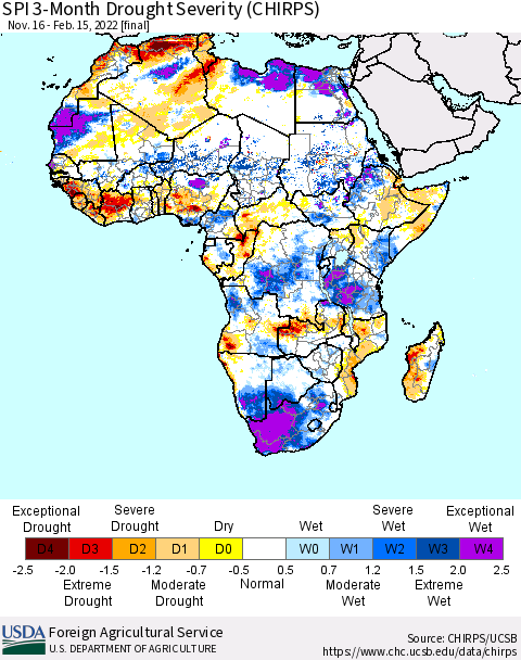 Africa SPI 3-Month Drought Severity (CHIRPS) Thematic Map For 11/16/2021 - 2/15/2022