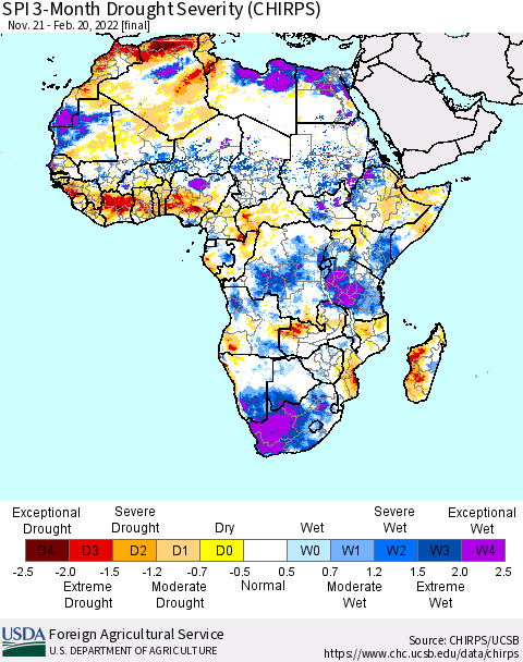 Africa SPI 3-Month Drought Severity (CHIRPS) Thematic Map For 11/21/2021 - 2/20/2022