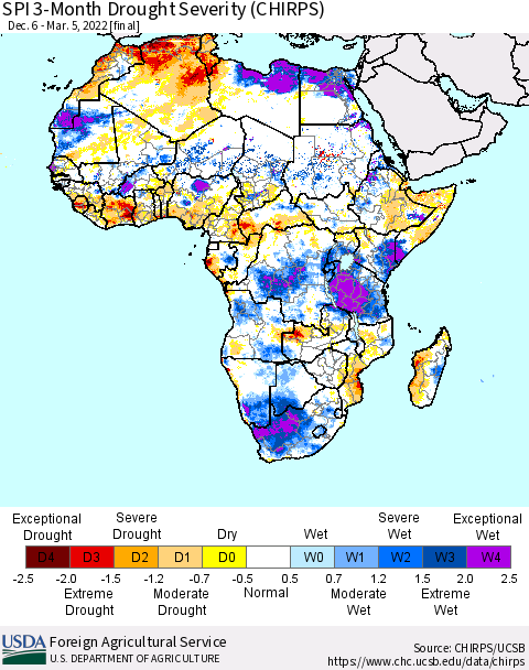 Africa SPI 3-Month Drought Severity (CHIRPS) Thematic Map For 12/6/2021 - 3/5/2022