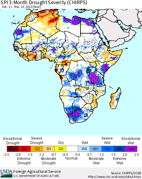Africa SPI 3-Month Drought Severity (CHIRPS) Thematic Map For 12/11/2021 - 3/10/2022