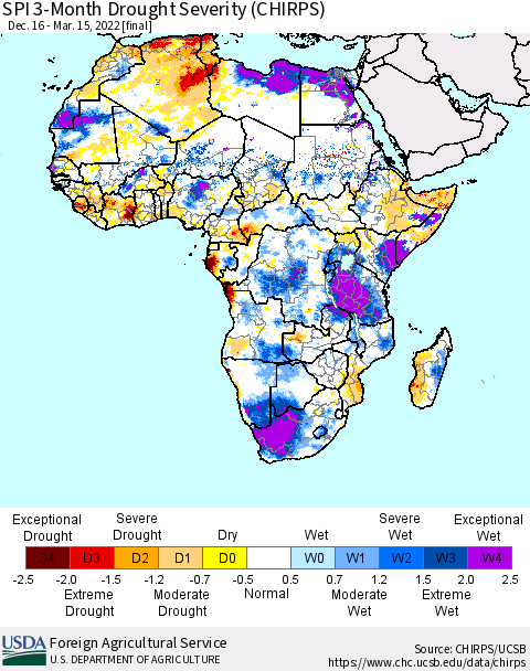 Africa SPI 3-Month Drought Severity (CHIRPS) Thematic Map For 12/16/2021 - 3/15/2022