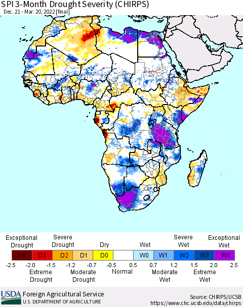 Africa SPI 3-Month Drought Severity (CHIRPS) Thematic Map For 12/21/2021 - 3/20/2022