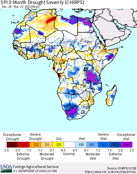 Africa SPI 3-Month Drought Severity (CHIRPS) Thematic Map For 12/26/2021 - 3/25/2022
