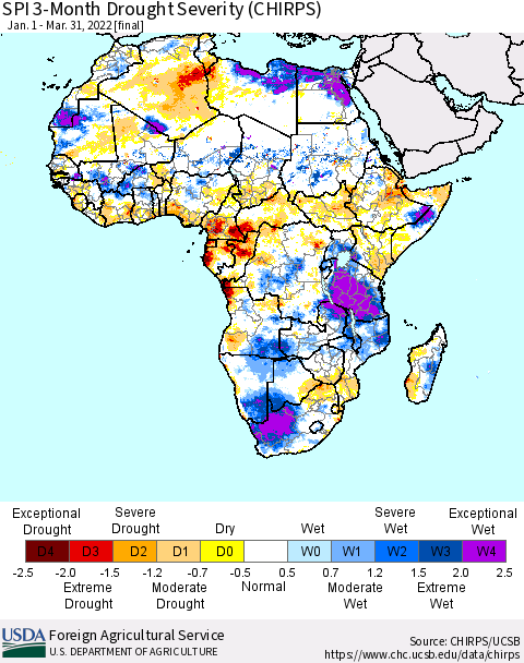 Africa SPI 3-Month Drought Severity (CHIRPS) Thematic Map For 1/1/2022 - 3/31/2022