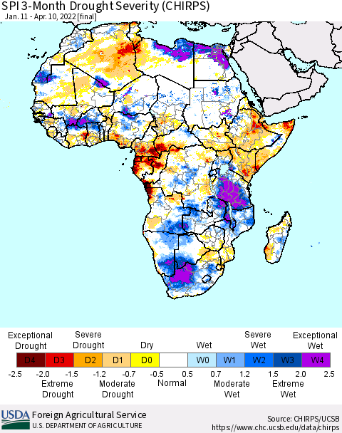 Africa SPI 3-Month Drought Severity (CHIRPS) Thematic Map For 1/11/2022 - 4/10/2022