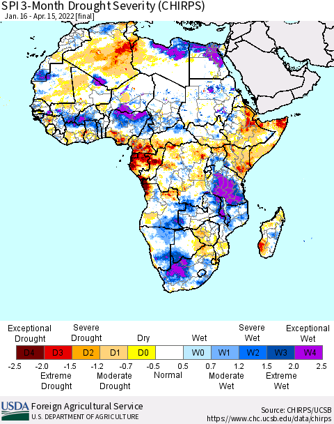 Africa SPI 3-Month Drought Severity (CHIRPS) Thematic Map For 1/16/2022 - 4/15/2022