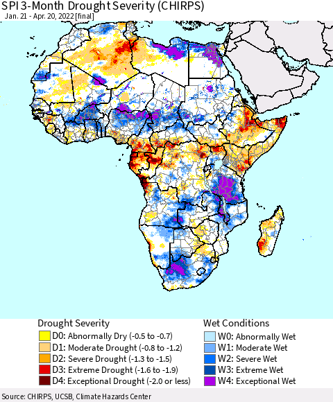 Africa SPI 3-Month Drought Severity (CHIRPS) Thematic Map For 1/21/2022 - 4/20/2022