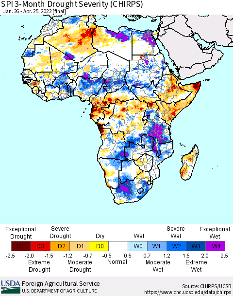 Africa SPI 3-Month Drought Severity (CHIRPS) Thematic Map For 1/26/2022 - 4/25/2022