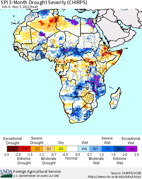 Africa SPI 3-Month Drought Severity (CHIRPS) Thematic Map For 2/6/2022 - 5/5/2022