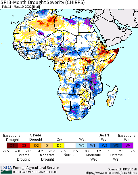 Africa SPI 3-Month Drought Severity (CHIRPS) Thematic Map For 2/11/2022 - 5/10/2022