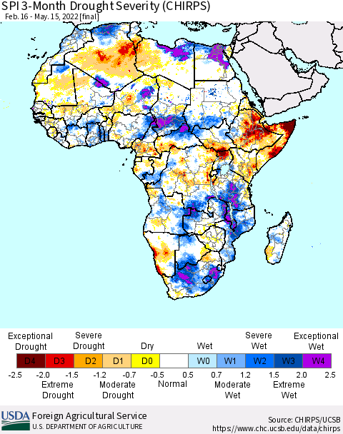 Africa SPI 3-Month Drought Severity (CHIRPS) Thematic Map For 2/16/2022 - 5/15/2022