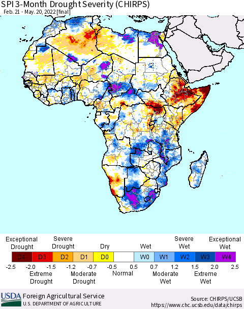 Africa SPI 3-Month Drought Severity (CHIRPS) Thematic Map For 2/21/2022 - 5/20/2022