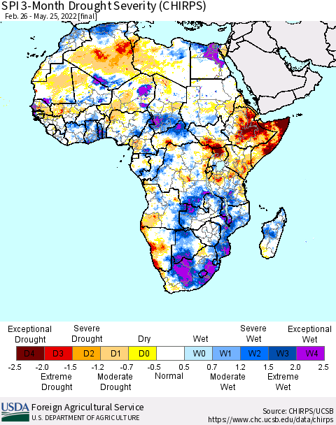 Africa SPI 3-Month Drought Severity (CHIRPS) Thematic Map For 2/26/2022 - 5/25/2022