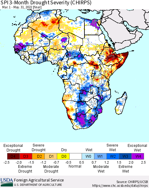 Africa SPI 3-Month Drought Severity (CHIRPS) Thematic Map For 3/1/2022 - 5/31/2022