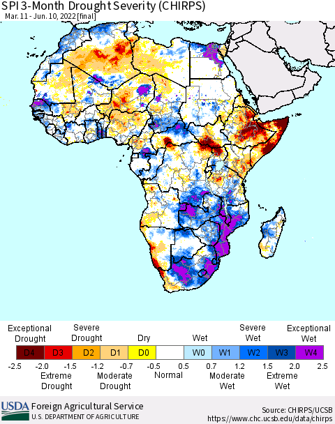Africa SPI 3-Month Drought Severity (CHIRPS) Thematic Map For 3/11/2022 - 6/10/2022