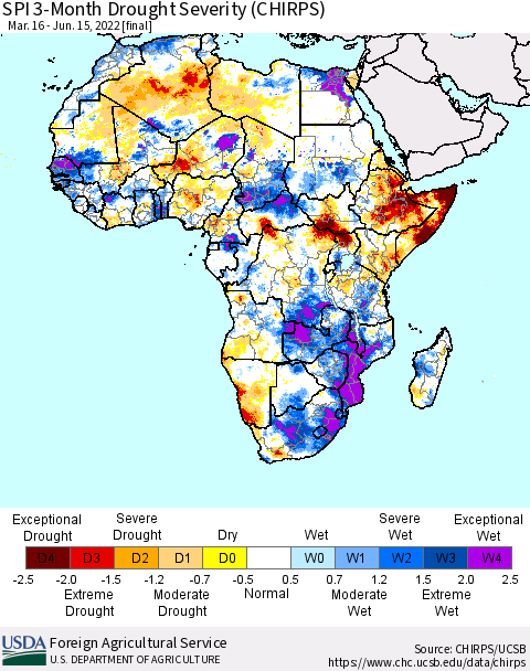 Africa SPI 3-Month Drought Severity (CHIRPS) Thematic Map For 3/16/2022 - 6/15/2022