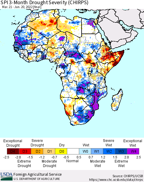 Africa SPI 3-Month Drought Severity (CHIRPS) Thematic Map For 3/21/2022 - 6/20/2022