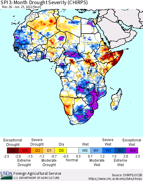 Africa SPI 3-Month Drought Severity (CHIRPS) Thematic Map For 3/26/2022 - 6/25/2022