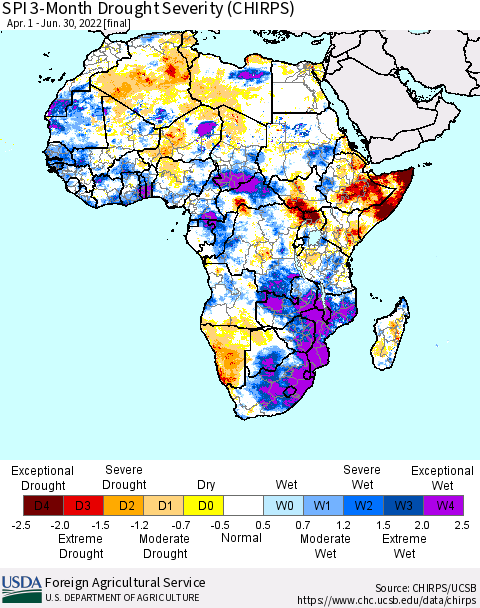 Africa SPI 3-Month Drought Severity (CHIRPS) Thematic Map For 4/1/2022 - 6/30/2022