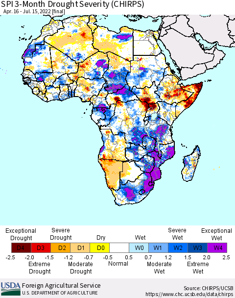 Africa SPI 3-Month Drought Severity (CHIRPS) Thematic Map For 4/16/2022 - 7/15/2022