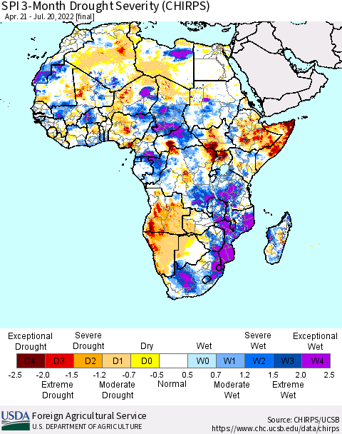 Africa SPI 3-Month Drought Severity (CHIRPS) Thematic Map For 4/21/2022 - 7/20/2022