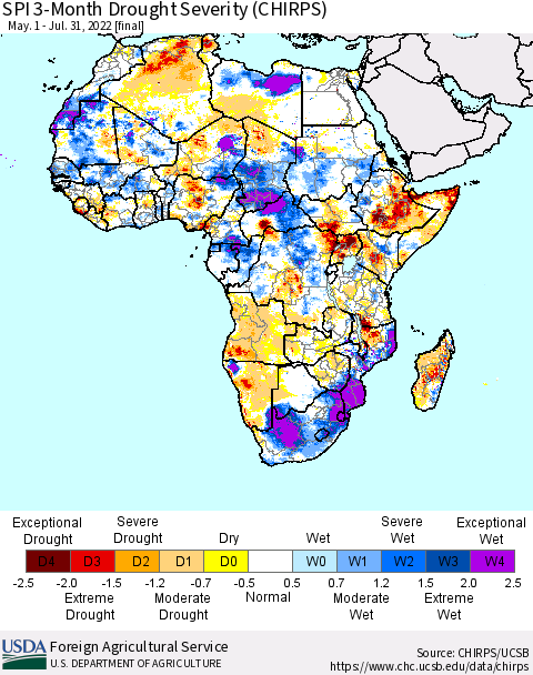 Africa SPI 3-Month Drought Severity (CHIRPS) Thematic Map For 5/1/2022 - 7/31/2022