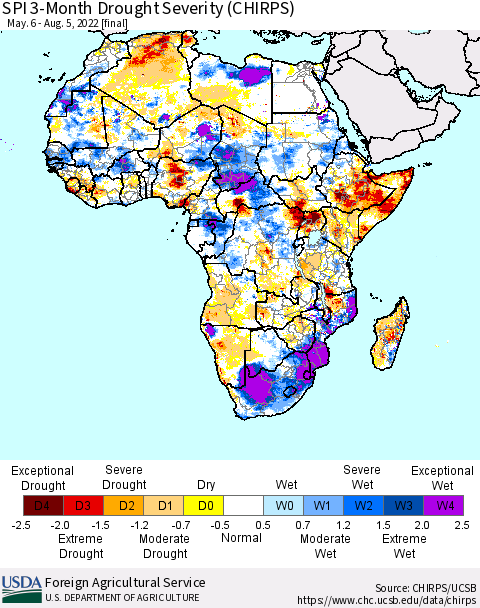 Africa SPI 3-Month Drought Severity (CHIRPS) Thematic Map For 5/6/2022 - 8/5/2022