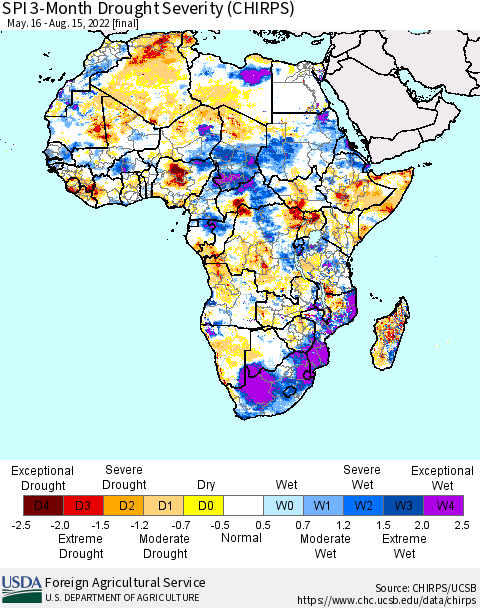 Africa SPI 3-Month Drought Severity (CHIRPS) Thematic Map For 5/16/2022 - 8/15/2022
