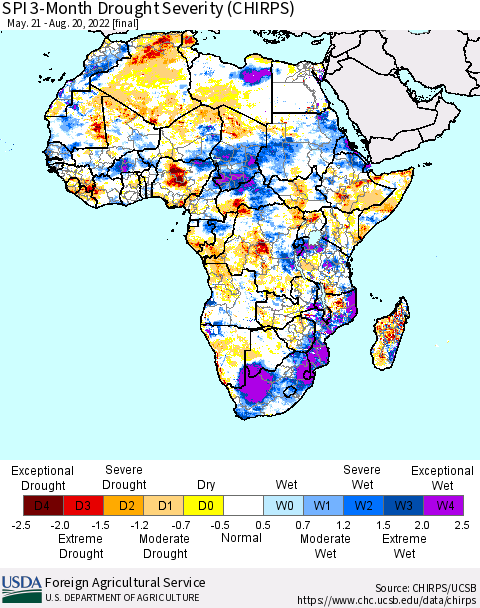 Africa SPI 3-Month Drought Severity (CHIRPS) Thematic Map For 5/21/2022 - 8/20/2022