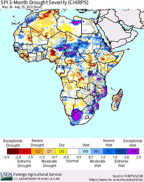 Africa SPI 3-Month Drought Severity (CHIRPS) Thematic Map For 5/26/2022 - 8/25/2022