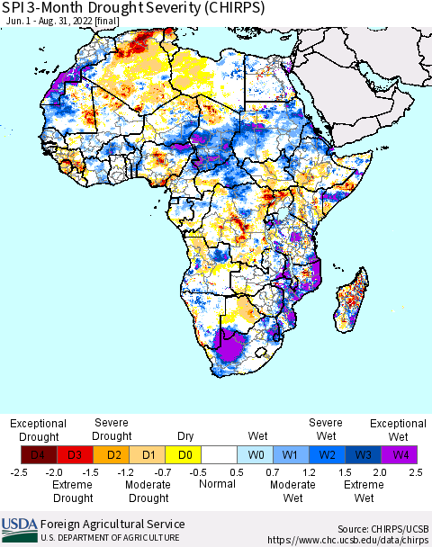 Africa SPI 3-Month Drought Severity (CHIRPS) Thematic Map For 6/1/2022 - 8/31/2022