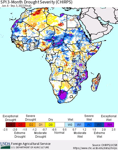 Africa SPI 3-Month Drought Severity (CHIRPS) Thematic Map For 6/6/2022 - 9/5/2022