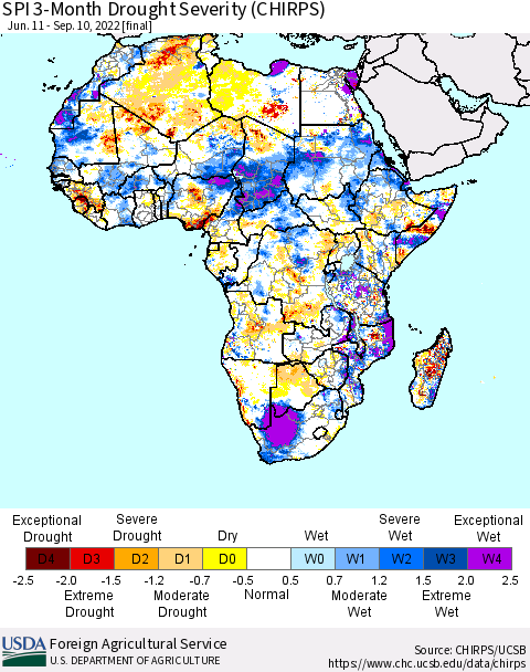 Africa SPI 3-Month Drought Severity (CHIRPS) Thematic Map For 6/11/2022 - 9/10/2022