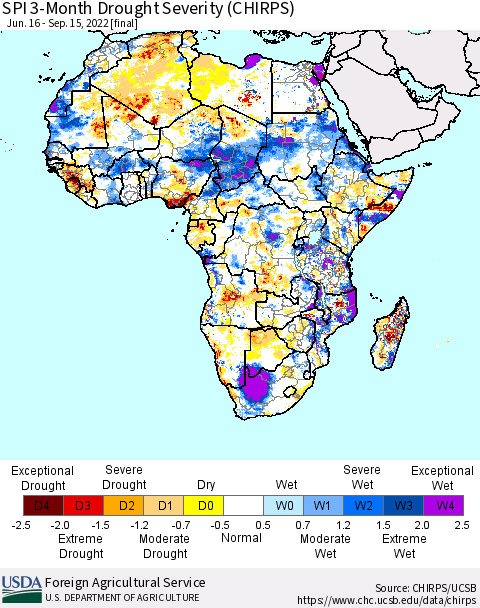 Africa SPI 3-Month Drought Severity (CHIRPS) Thematic Map For 6/16/2022 - 9/15/2022