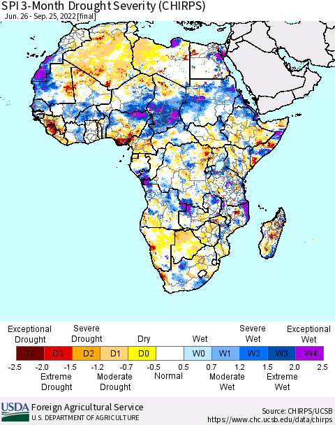 Africa SPI 3-Month Drought Severity (CHIRPS) Thematic Map For 6/26/2022 - 9/25/2022