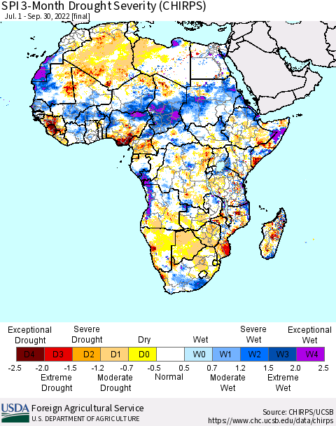 Africa SPI 3-Month Drought Severity (CHIRPS) Thematic Map For 7/1/2022 - 9/30/2022