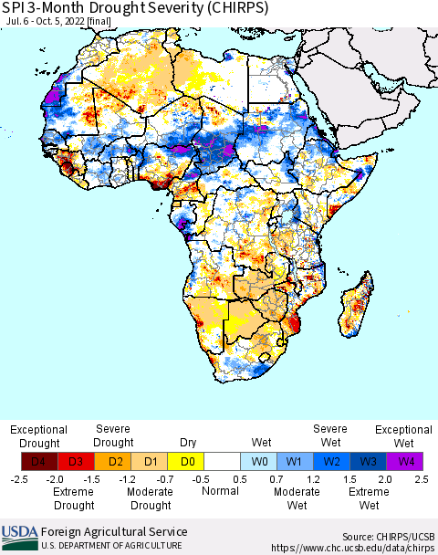 Africa SPI 3-Month Drought Severity (CHIRPS) Thematic Map For 7/6/2022 - 10/5/2022