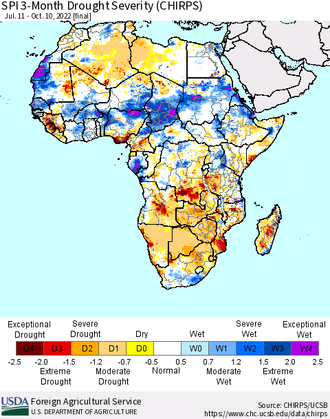 Africa SPI 3-Month Drought Severity (CHIRPS) Thematic Map For 7/11/2022 - 10/10/2022