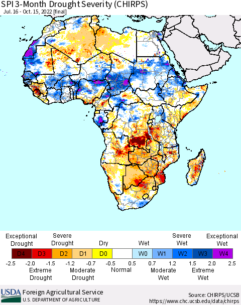 Africa SPI 3-Month Drought Severity (CHIRPS) Thematic Map For 7/16/2022 - 10/15/2022