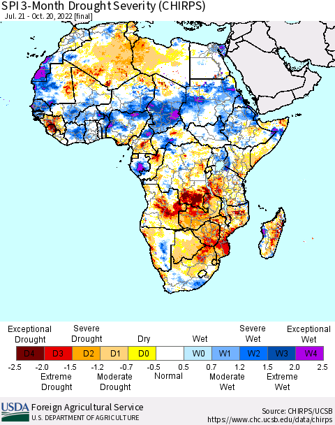 Africa SPI 3-Month Drought Severity (CHIRPS) Thematic Map For 7/21/2022 - 10/20/2022