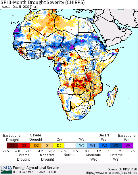 Africa SPI 3-Month Drought Severity (CHIRPS) Thematic Map For 8/1/2022 - 10/31/2022