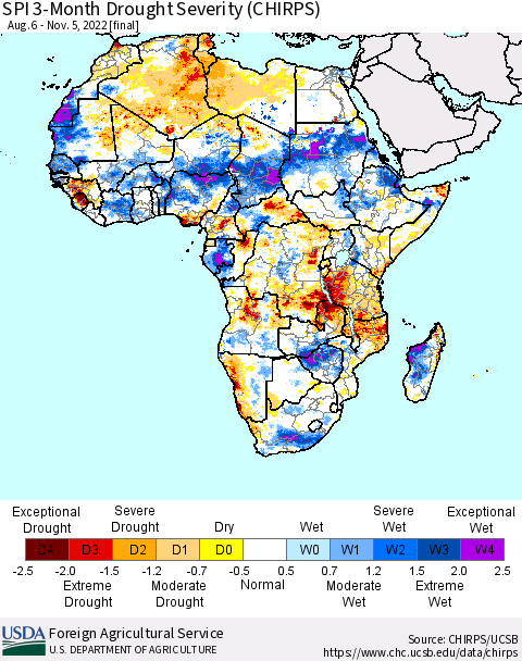 Africa SPI 3-Month Drought Severity (CHIRPS) Thematic Map For 8/6/2022 - 11/5/2022