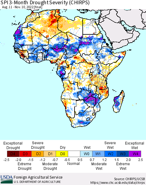 Africa SPI 3-Month Drought Severity (CHIRPS) Thematic Map For 8/11/2022 - 11/10/2022