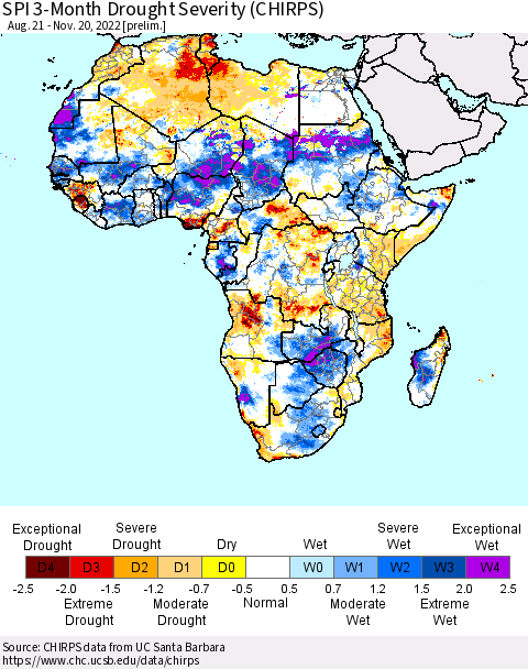 Africa SPI 3-Month Drought Severity (CHIRPS) Thematic Map For 8/21/2022 - 11/20/2022